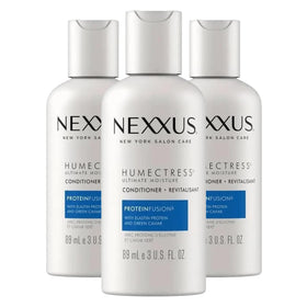 Nexxus front packaging showing three travel bottles and moisture benefit
