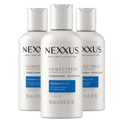 Nexxus front packaging showing three travel bottles and moisture benefit