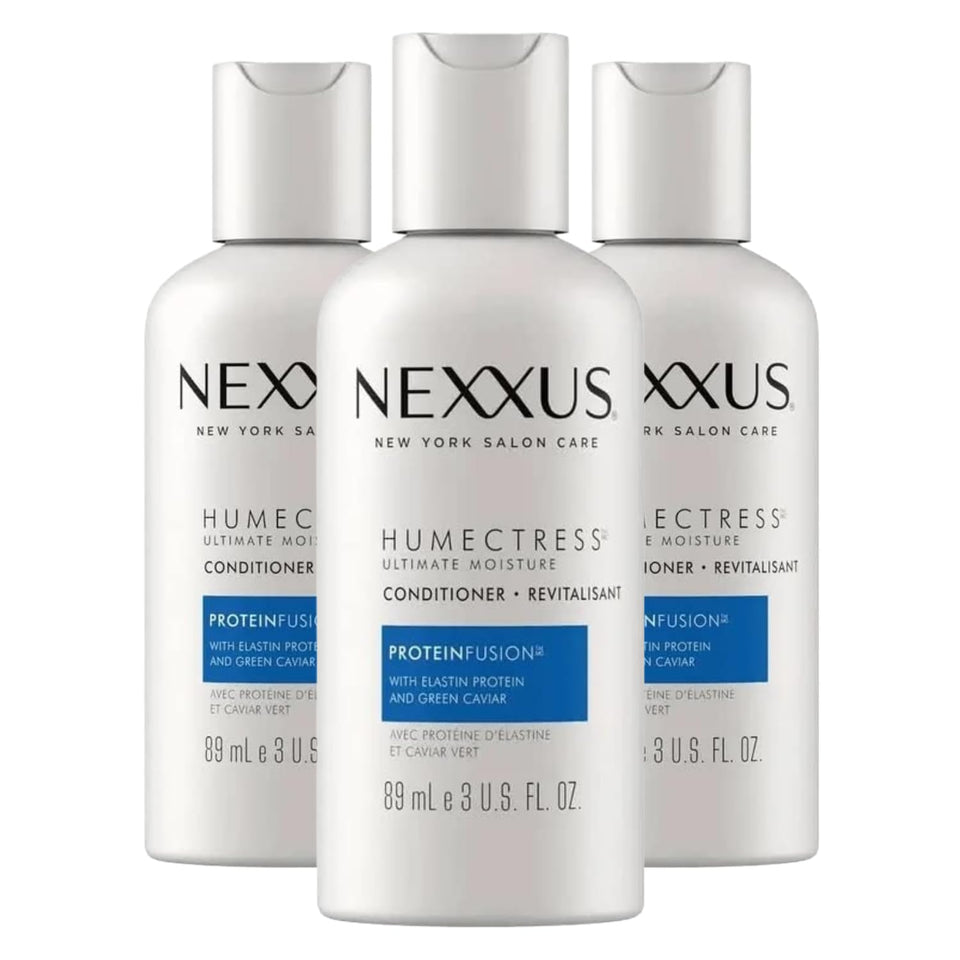 Nexxus front packaging showing three travel bottles and moisture benefit