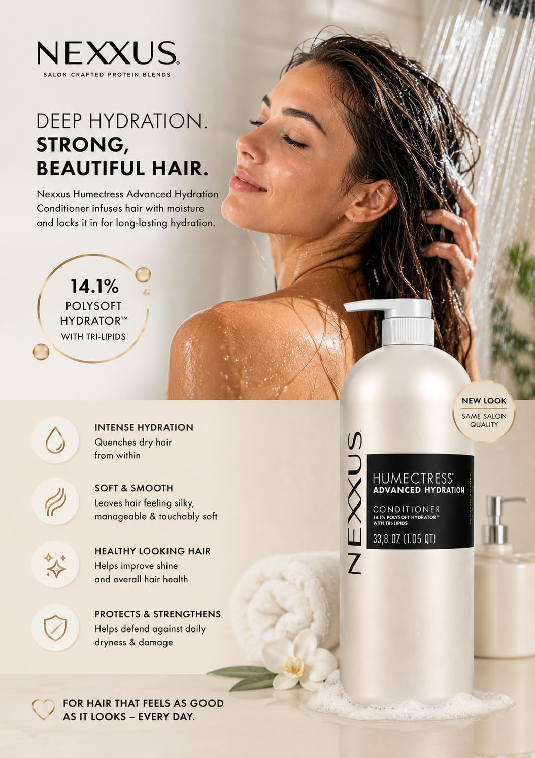 Person applying Nexxus Humectress in shower for smoother, hydrated hair