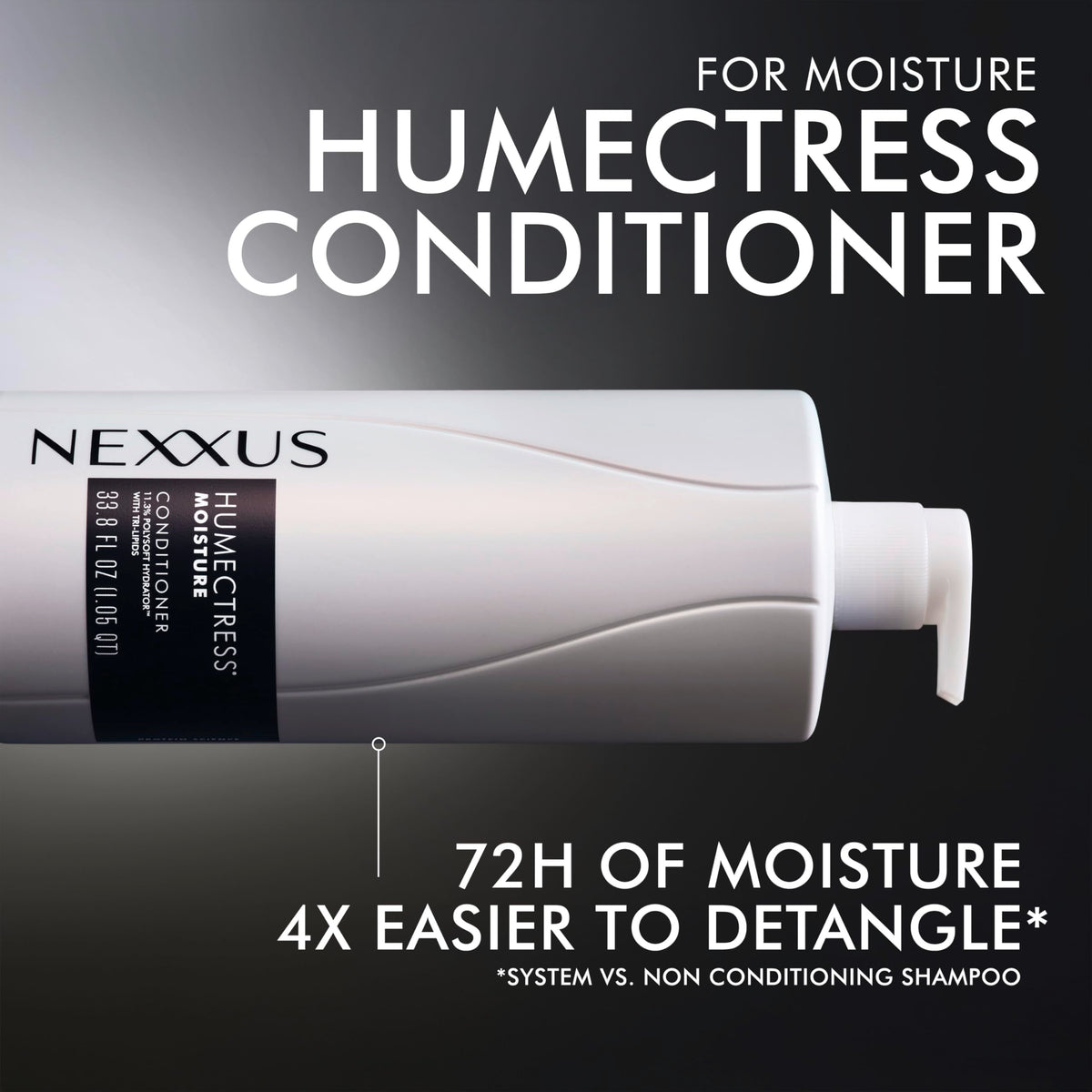 Nexxus Humectress 33.8 oz bottle next to common objects for scale