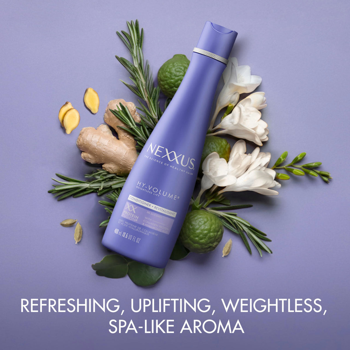 Nexxus bottle paired with HY-VOLUME Cloud Foam showing styling routine benefit