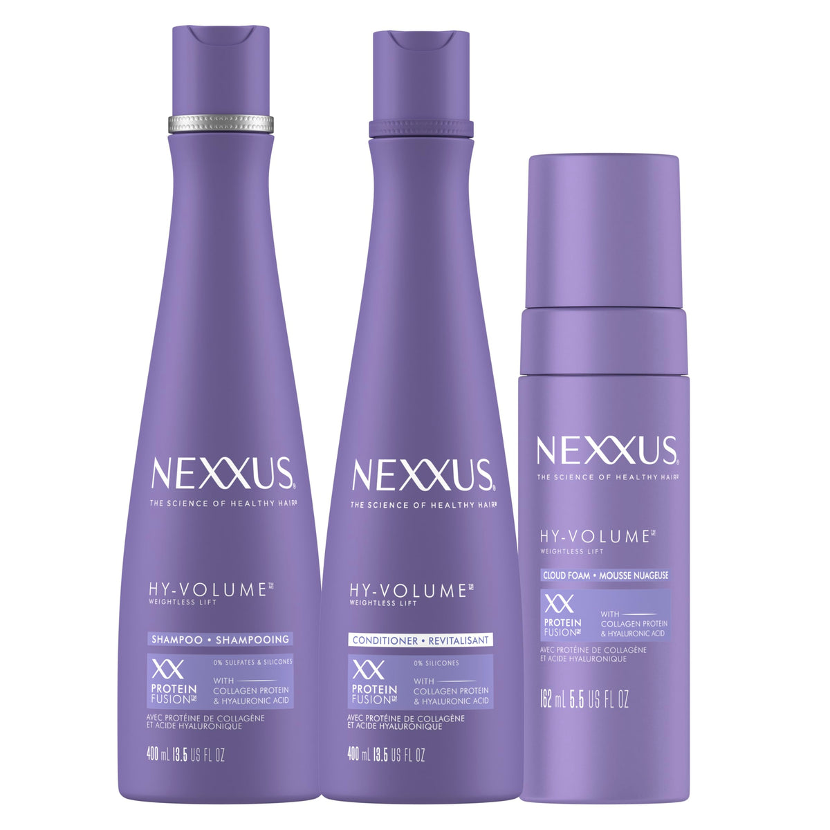 Nexxus Hy‑Volume front packaging showing trio for instant lift
