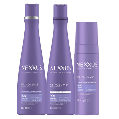 Nexxus Hy‑Volume front packaging showing trio for instant lift