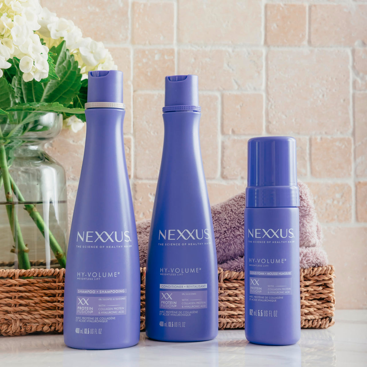 Nexxus Hy‑Volume before and after blow‑dry showing fuller hair benefit