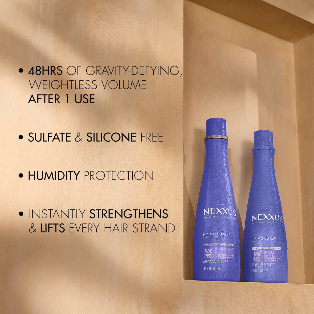 Nexxus styled hair after use showing visible volume and shine