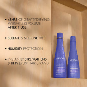 Nexxus styled hair after use showing visible volume and shine