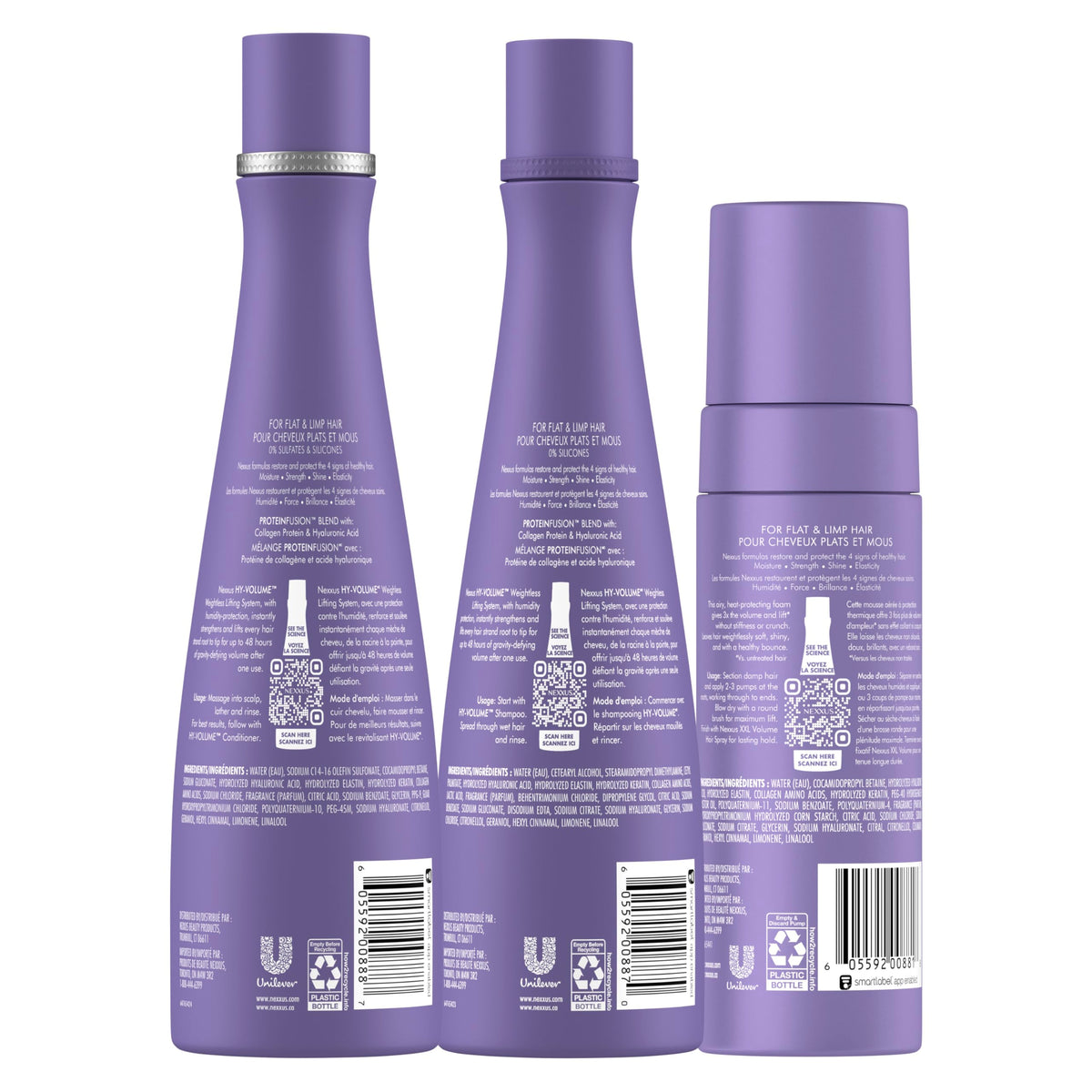 Nexxus Hy‑Volume shampoo bottle close‑up highlighting lightweight formula