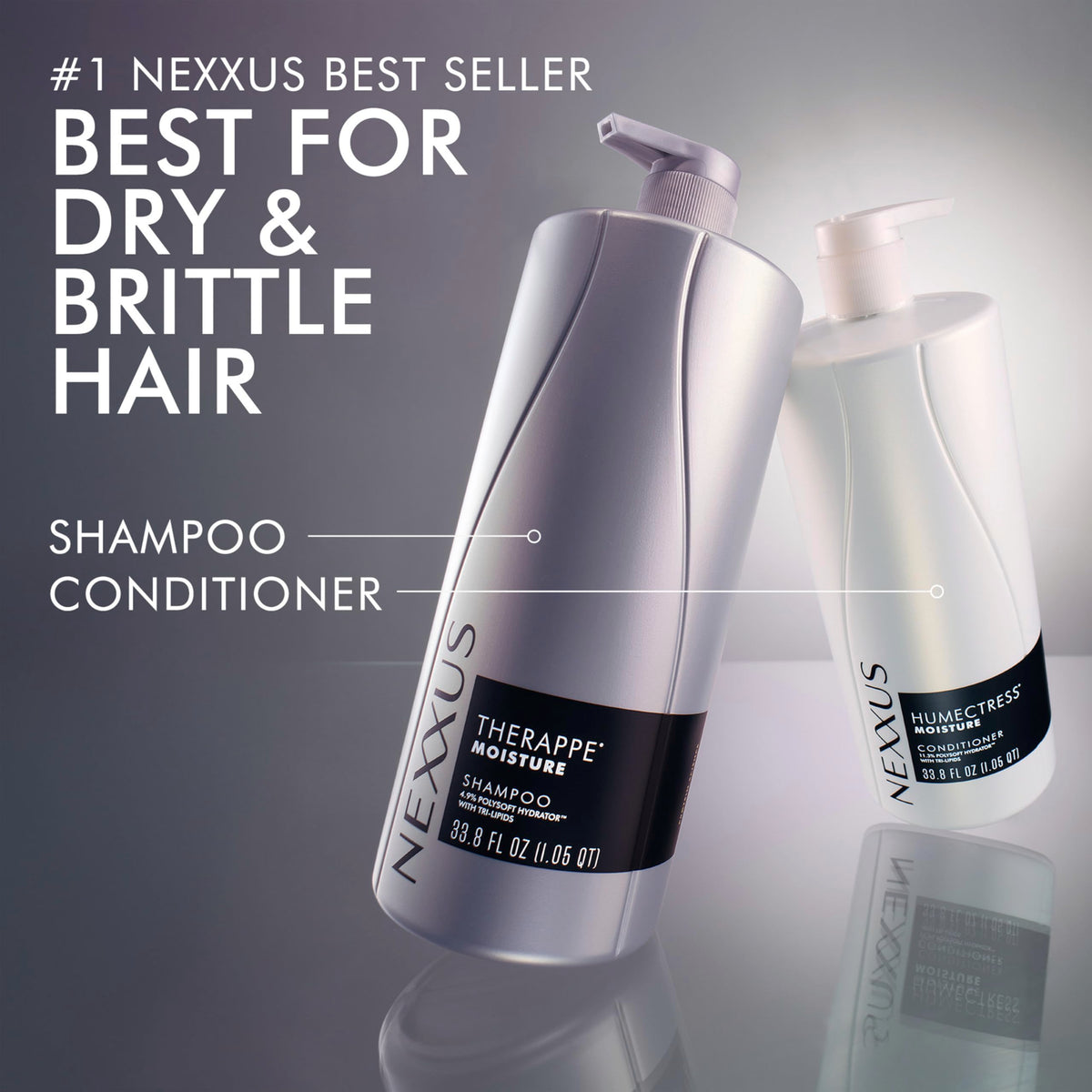 Nexxus ingredient badge showing tri-lipids and strengthened hair benefits