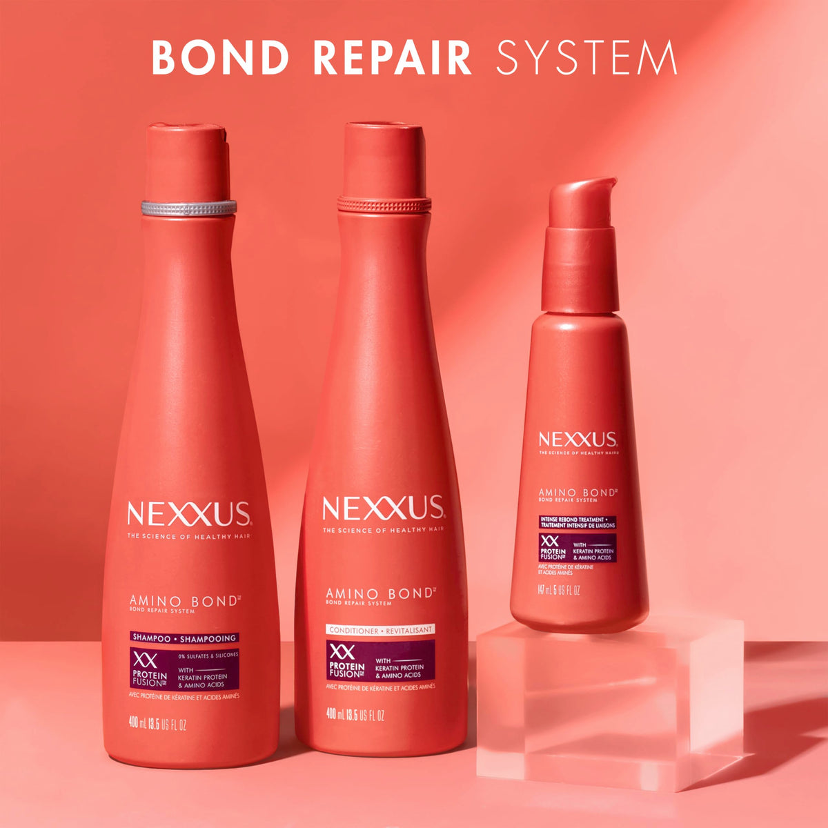 Nexxus pump and label detail highlighting instructions and protein blend