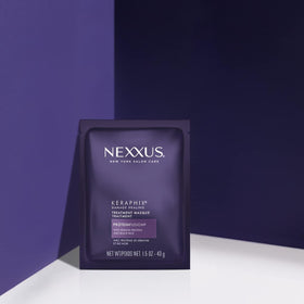 Nexxus before and after comparison showing smoother, less frizzy hair