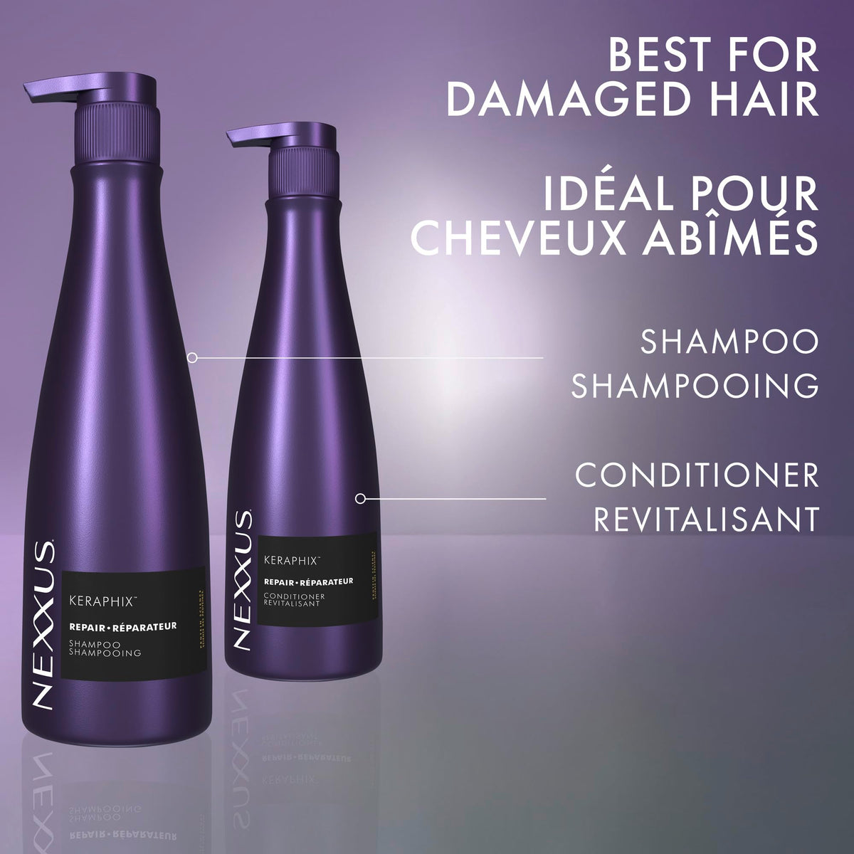 Hand holding 13.5 oz Nexxus bottle to show size and travel-ready benefit