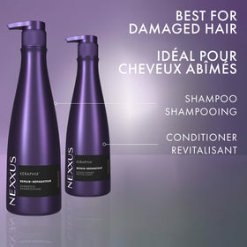 Hand holding 13.5 oz Nexxus bottle to show size and travel-ready benefit