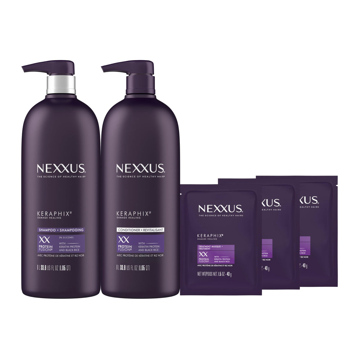 Nexxus Keraphix front packaging showing full shampoo and conditioner set for salon repair