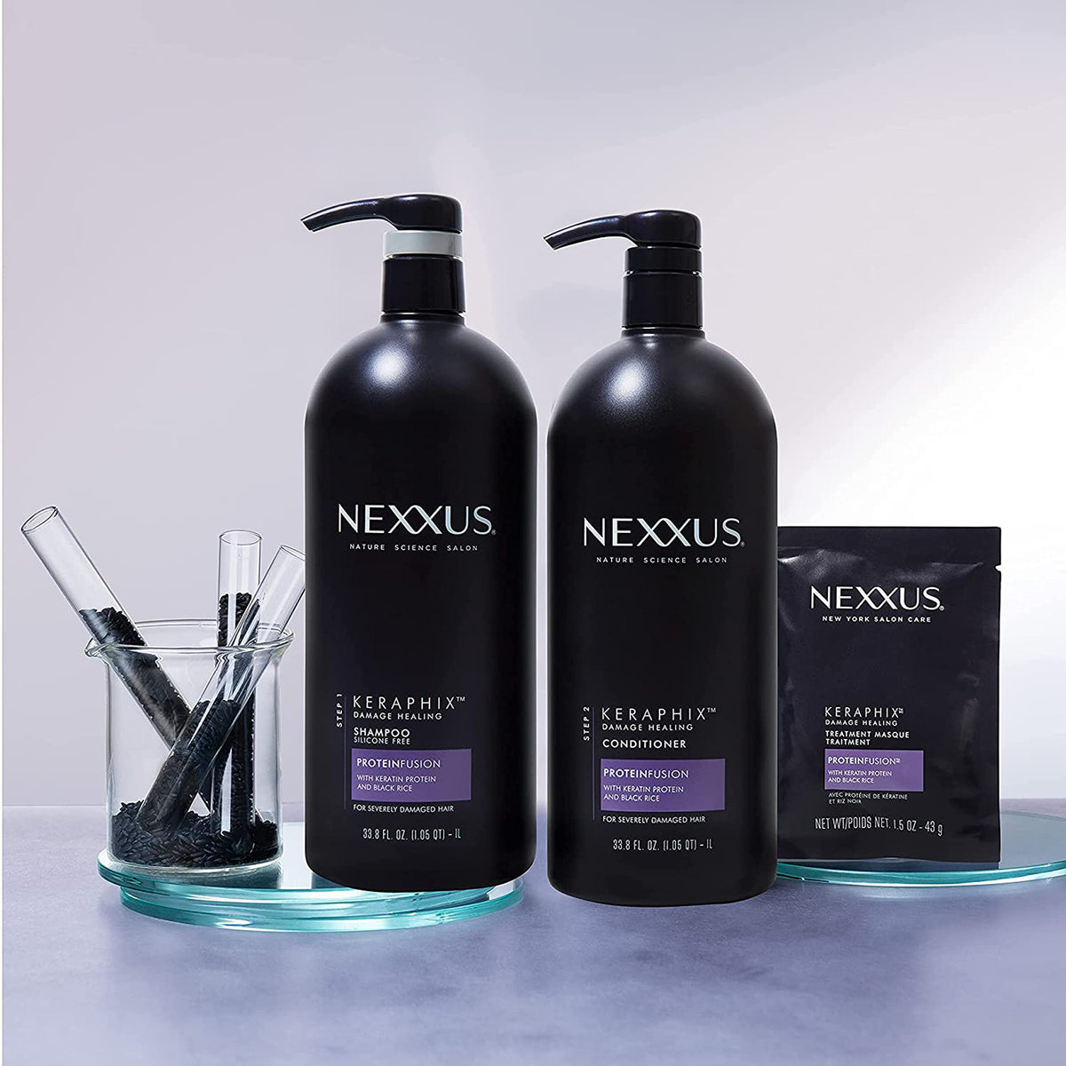 Nexxus Keraphix label ingredients list focusing on keratin and black rice benefits