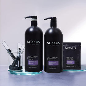 Nexxus Keraphix label ingredients list focusing on keratin and black rice benefits
