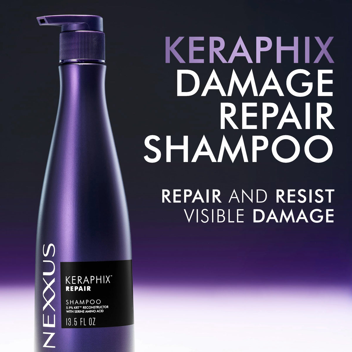 Nexxus KERAPHIX bottle in hand indicating 13.5 fl oz size advantage