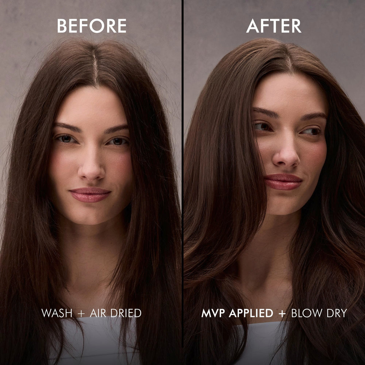 Nexxus MVP Styler before and after hair comparison showing smoother, defined results