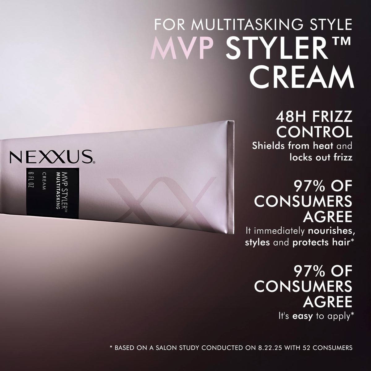 Nexxus MVP Styler ingredient callout label highlighting MVP polymer technology benefit