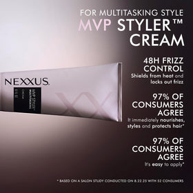 Nexxus MVP Styler ingredient callout label highlighting MVP polymer technology benefit