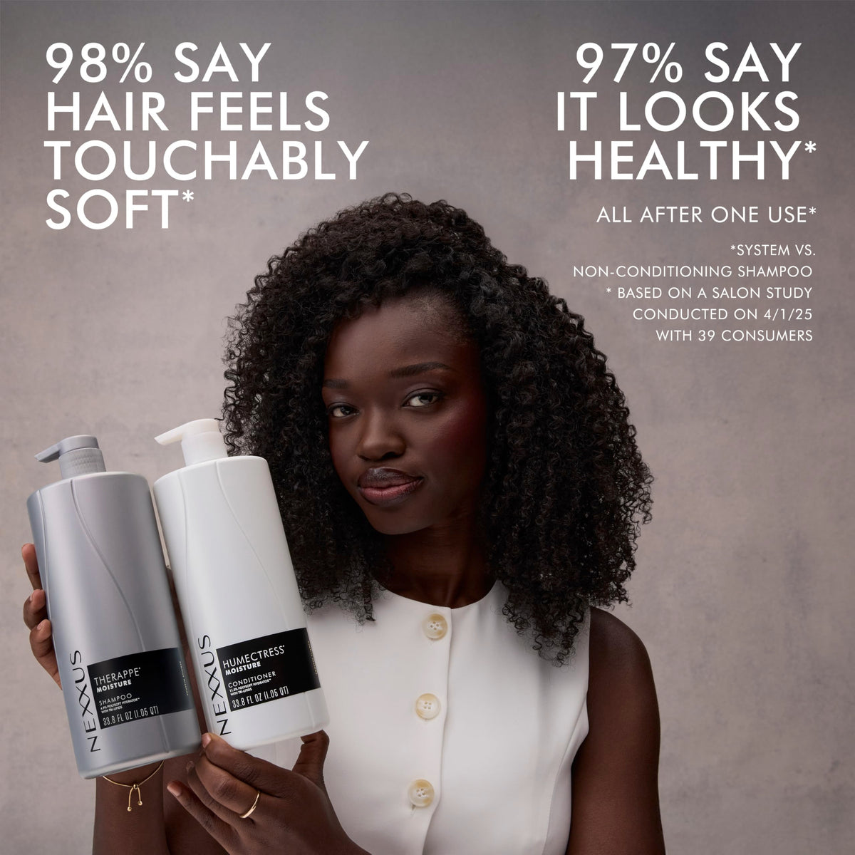 Nexxus duo bottles shown beside hand for true size comparison