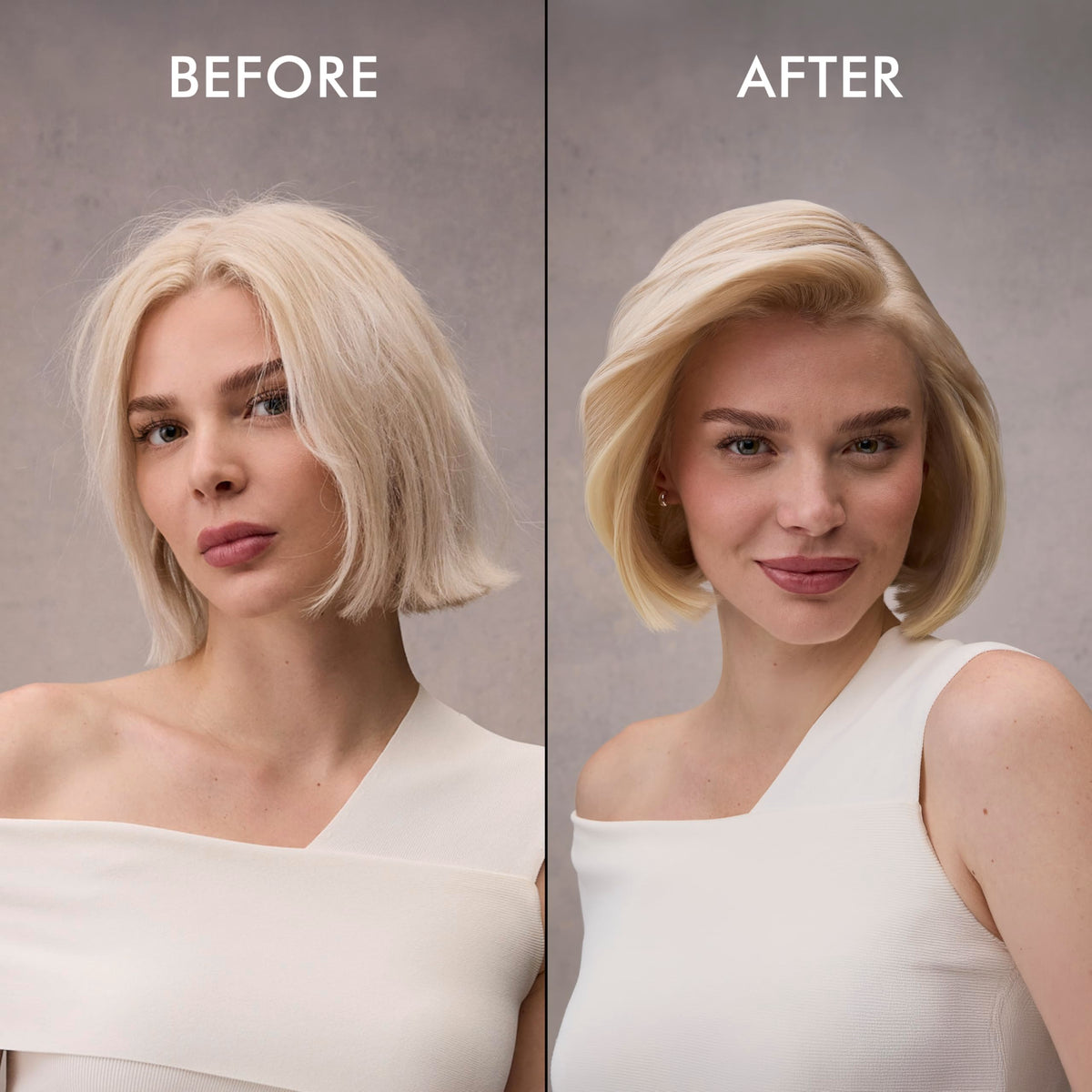 Nexxus before and after styling comparison illustrating reduced oil and added lift