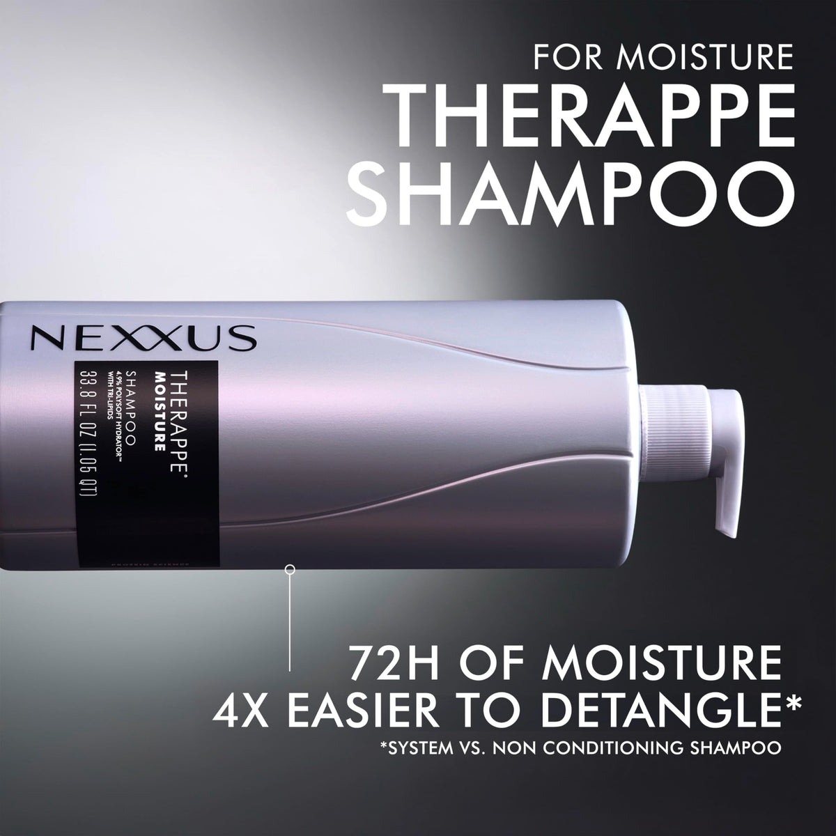 Nexxus Therappe paired with matching conditioner showing system benefits for moisture