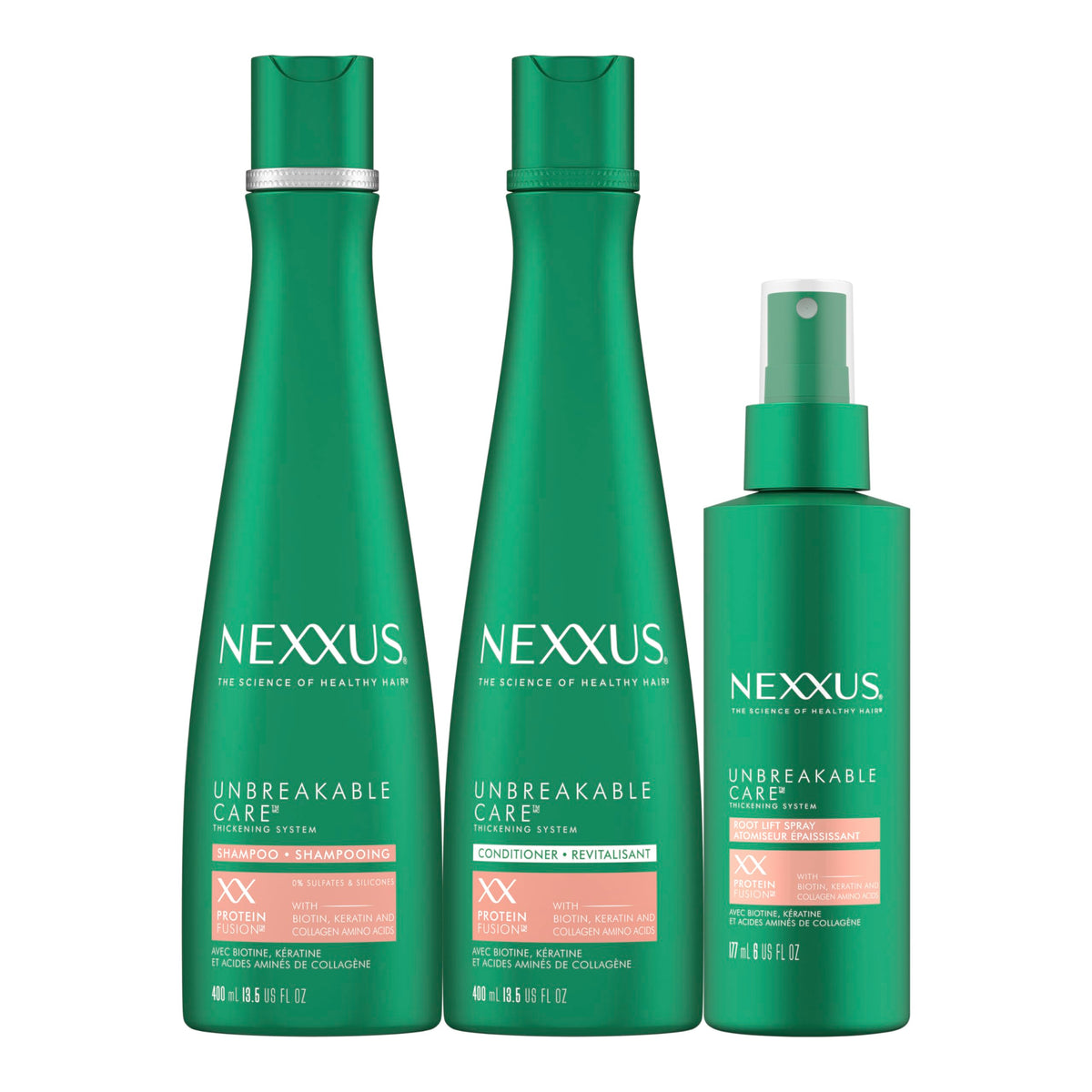 Nexxus front packaging three-pack showing salon-quality haircare benefits