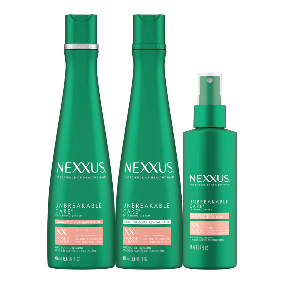 Nexxus front packaging three-pack showing salon-quality haircare benefits