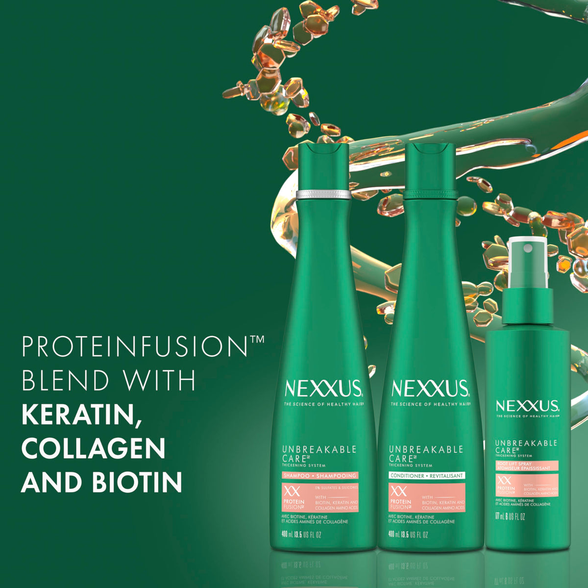 Nexxus shampoo pump detail highlighting easy dispensing and clean formula