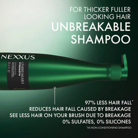 Nexxus size comparison showing bottle scale and travel-friendly benefit