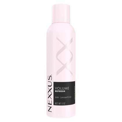 Nexxus Volume Refresh dry shampoo front packaging shows compact 5 oz can for quick touch-ups