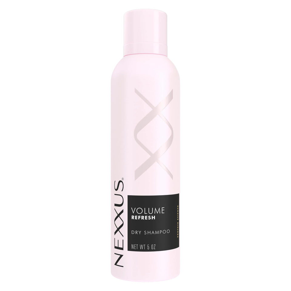 Nexxus Volume Refresh dry shampoo front packaging shows compact 5 oz can for quick touch-ups