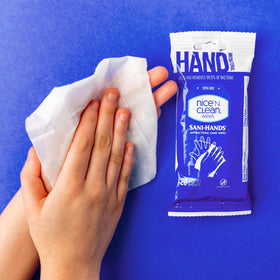 Nice 'N Clean wipe in hand demonstrating quick cleaning and soothing aloe benefit