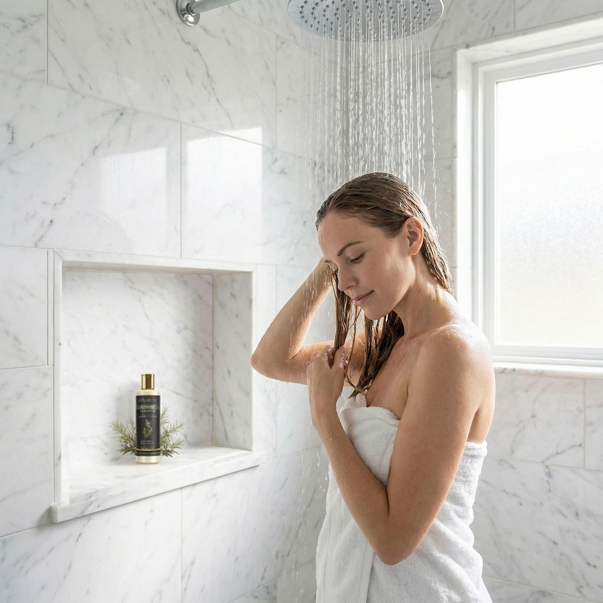 Nichalous Kerarose displayed in bathroom scene showing daily routine benefit