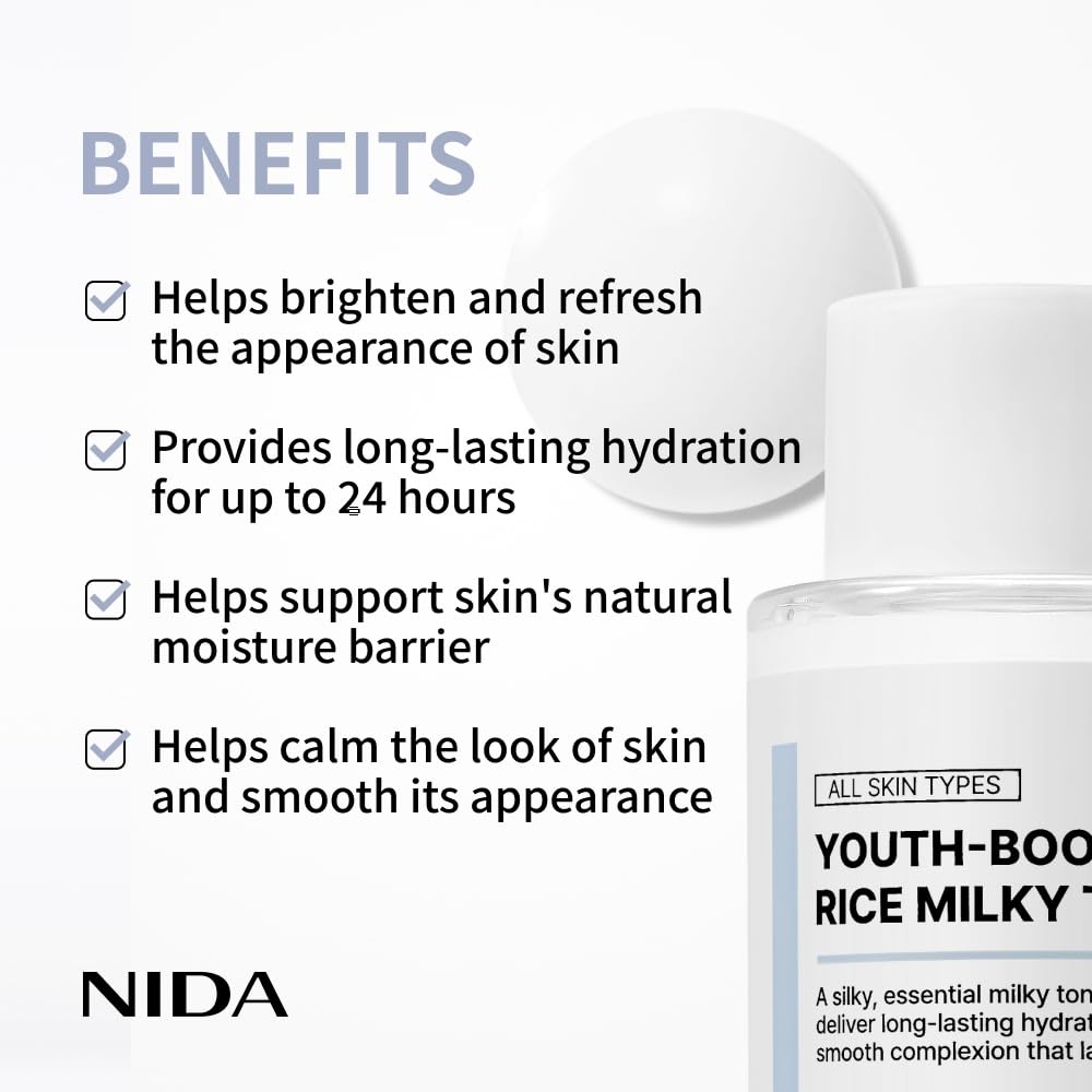 NIDA rice bran water close-up, emphasizes natural brightening benefits