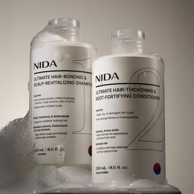 NIDA bottle styled on bathroom shelf suggesting premium routine and shelf-ready design