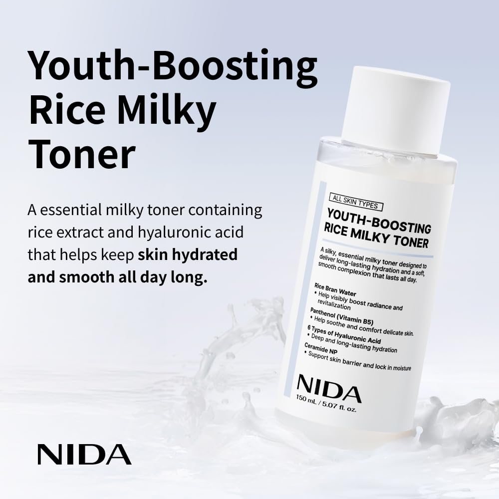 NIDA open cap revealing milky toner texture, highlights lightweight hydration