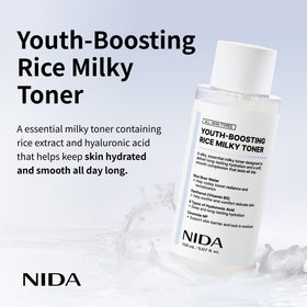 NIDA open cap revealing milky toner texture, highlights lightweight hydration