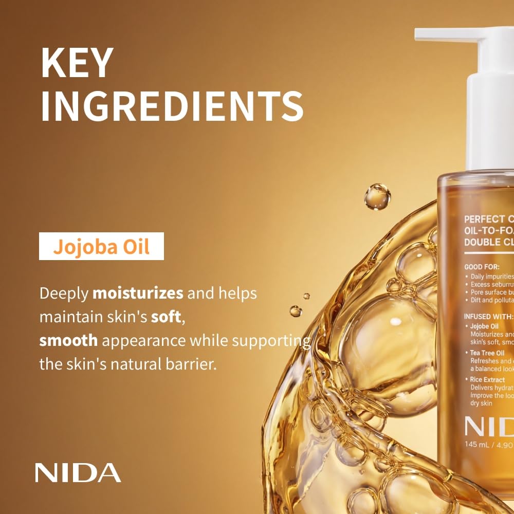 NIDA ingredients display with jojoba oil tea tree rice extract benefits