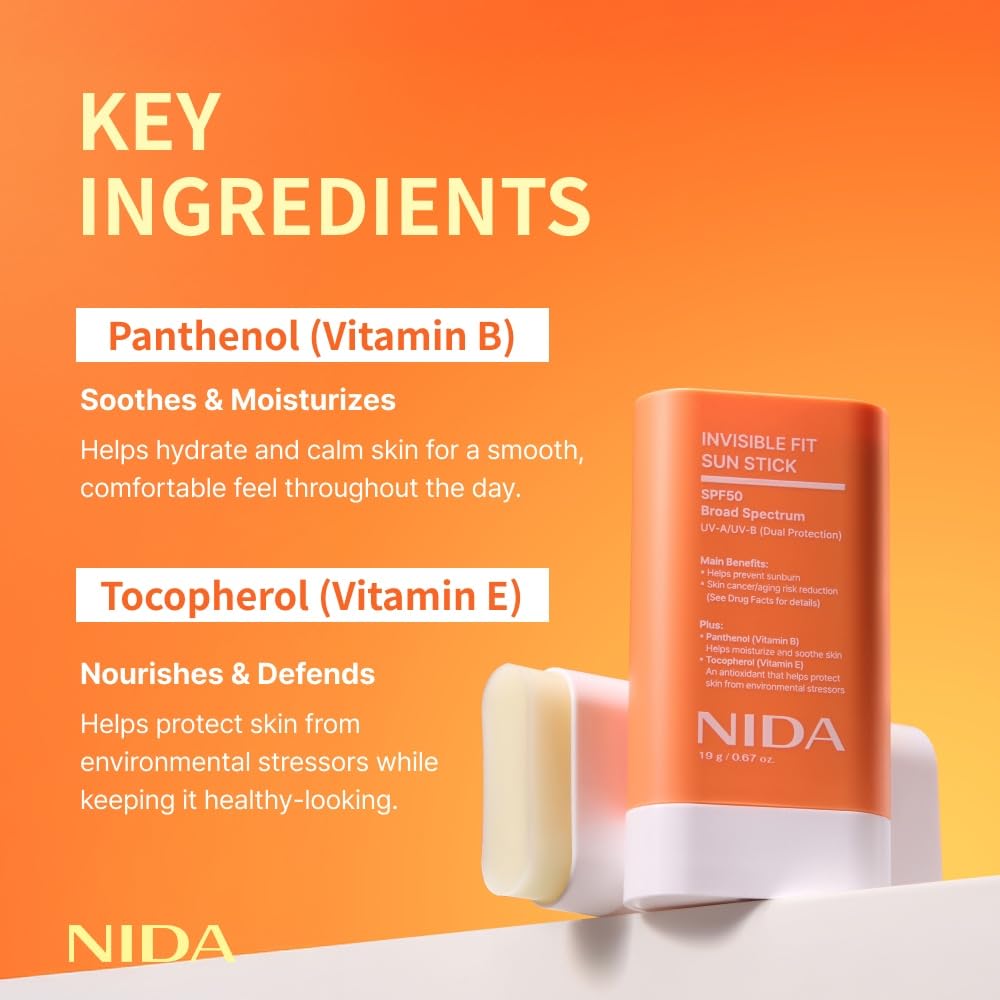 NIDA sun stick scale next to hand illustrating compact travel-friendly size
