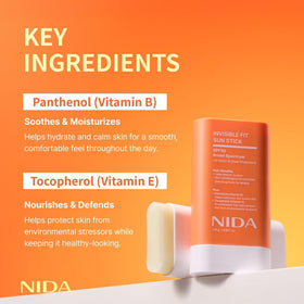 NIDA sun stick scale next to hand illustrating compact travel-friendly size