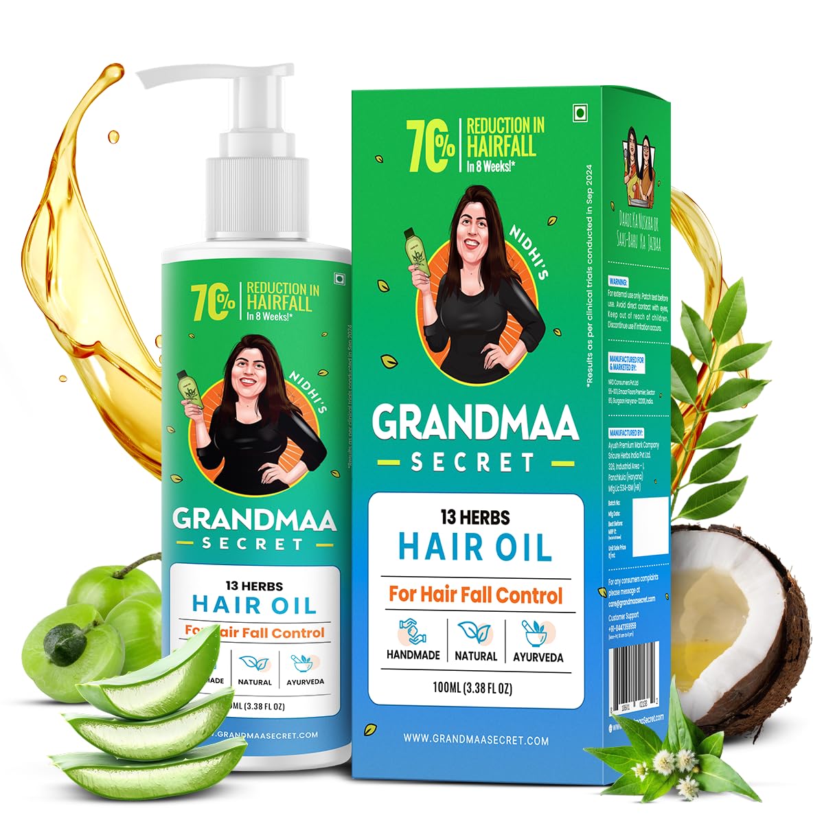 NIDHI’S GRANDMAA SECRET front packaging showing 100 ml bottle and branding benefits