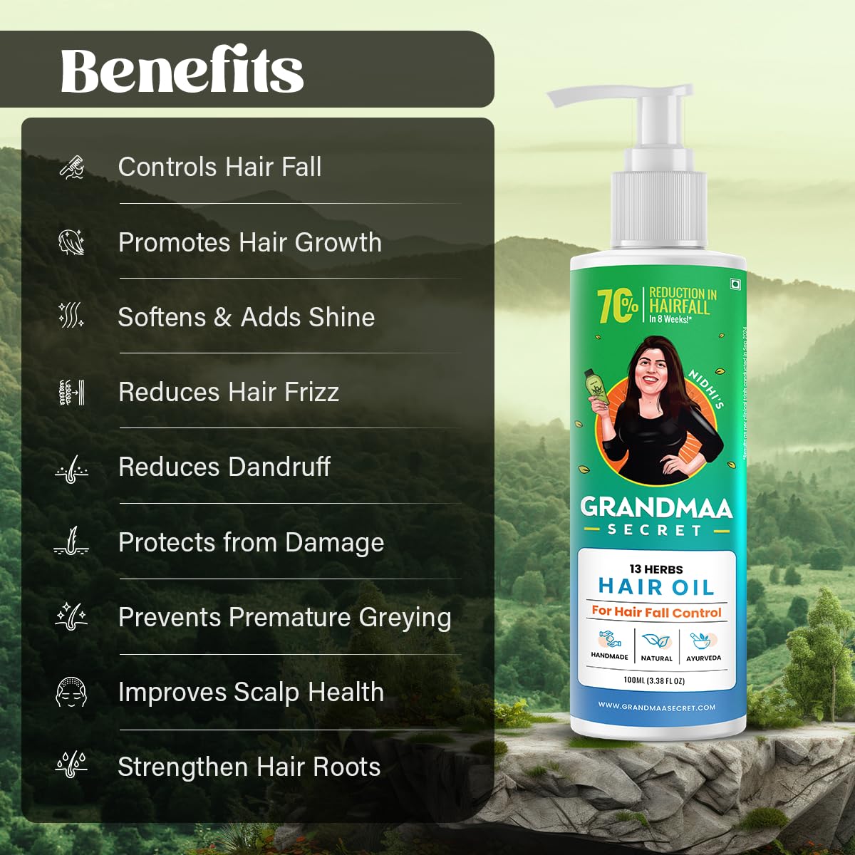 NIDHI’S GRANDMAA SECRET label detail showing herbal list and ayurvedic preparation benefits
