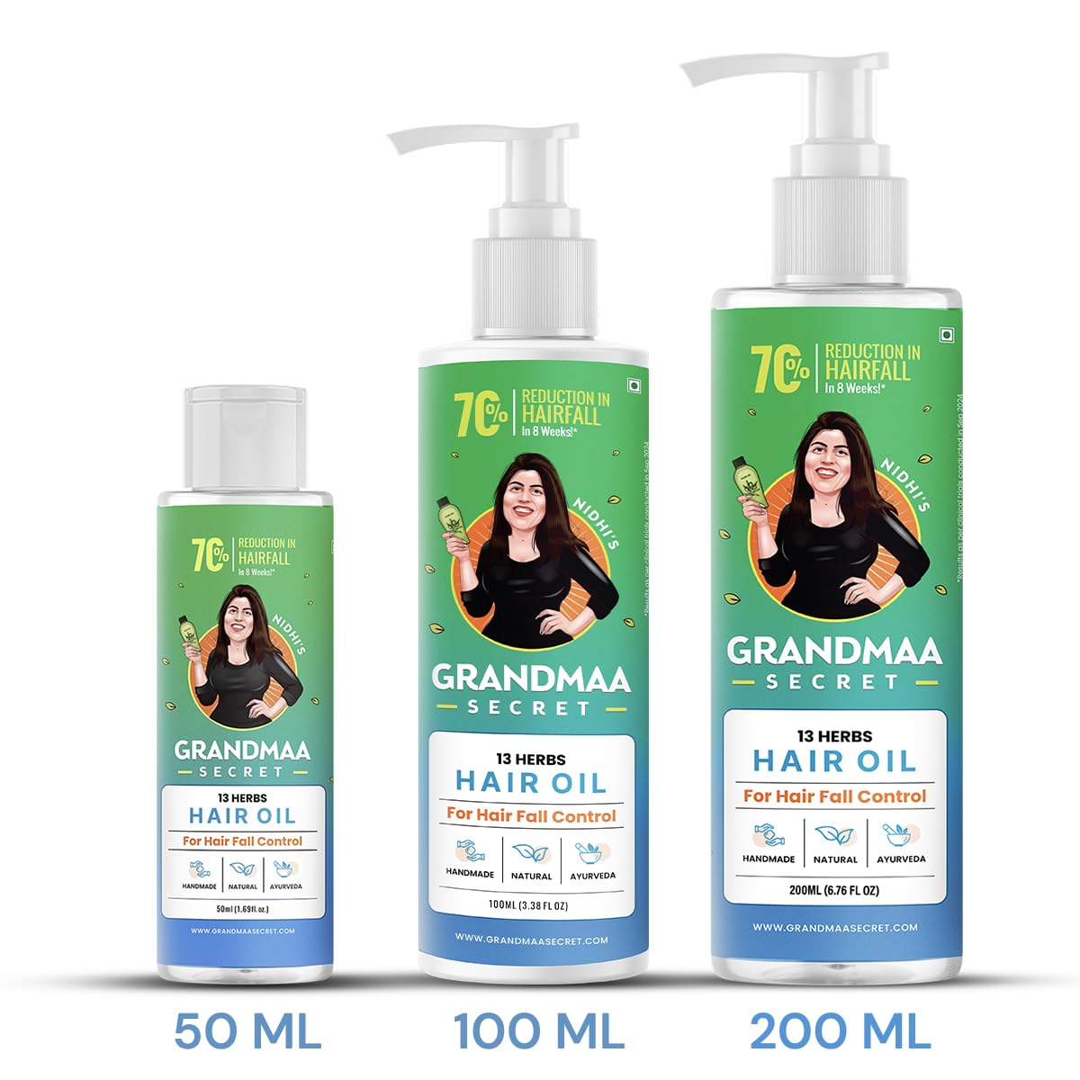 NIDHI’S GRANDMAA SECRET size comparison in hand showing compact travel-friendly 100 ml bottle