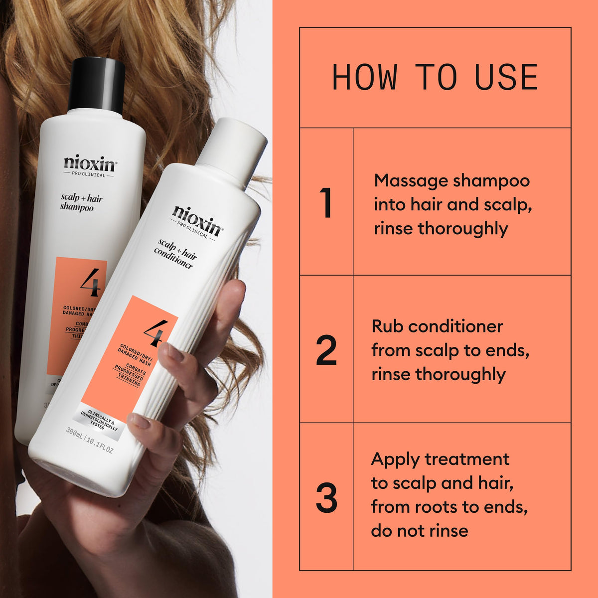 Nioxin product being applied to hair illustrating easy use and refreshed scalp benefit