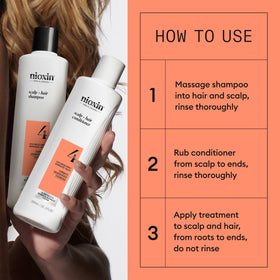 Nioxin product being applied to hair illustrating easy use and refreshed scalp benefit