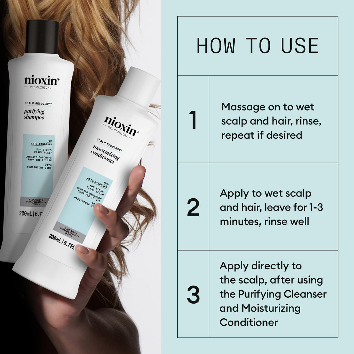 NIOXIN bottle label closeup displaying Pyrithione Zinc active ingredient benefit