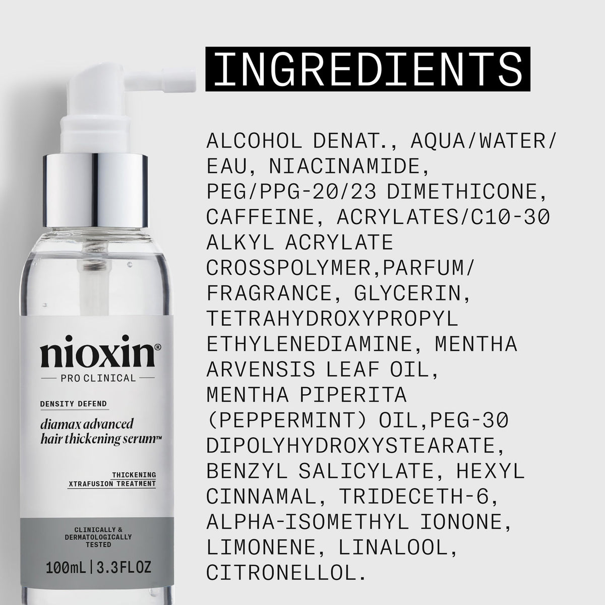 NIOXIN ingredient display highlighting caffeine and niacinamide benefits