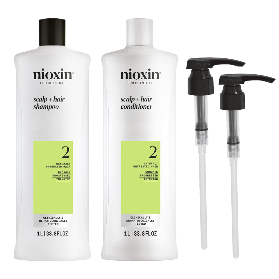 Nioxin front packaging showing duo bottles and pumps for easy use and volume